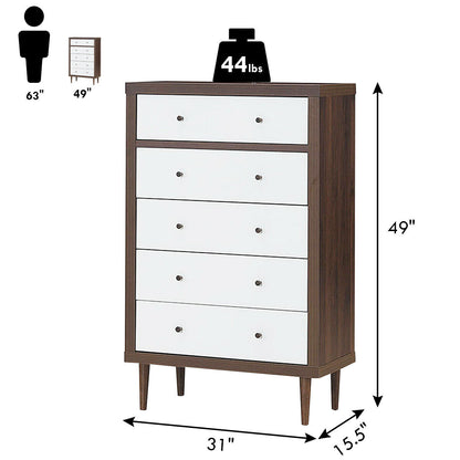 Freestanding 5 Drawer Tall Dresser Cabinet with Modern Walnut Accents