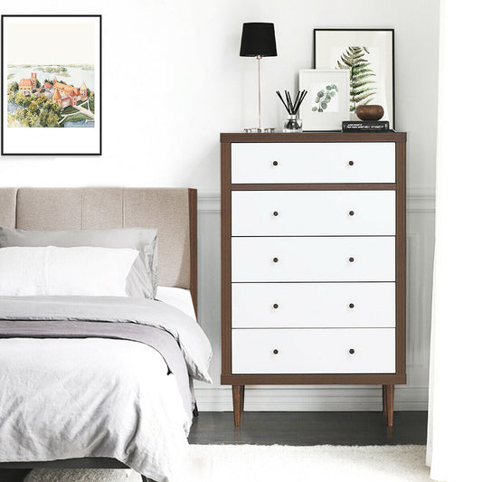 Freestanding 5 Drawer Tall Dresser Cabinet with Modern Walnut Accents