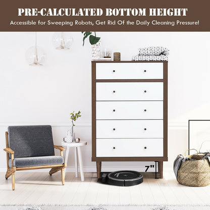 Freestanding 5 Drawer Tall Dresser Cabinet with Modern Walnut Accents