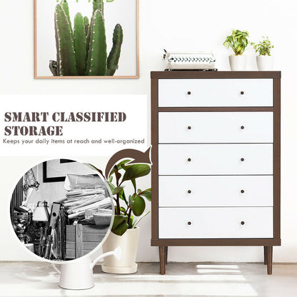 Freestanding 5 Drawer Tall Dresser Cabinet with Modern Walnut Accents