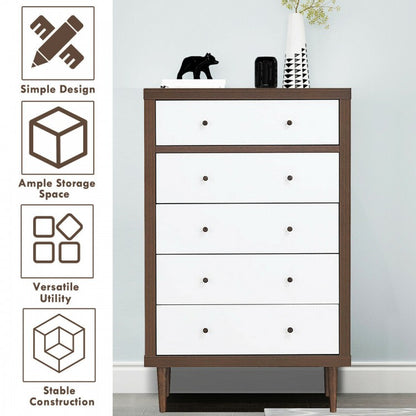 Freestanding 5 Drawer Tall Dresser Cabinet with Modern Walnut Accents