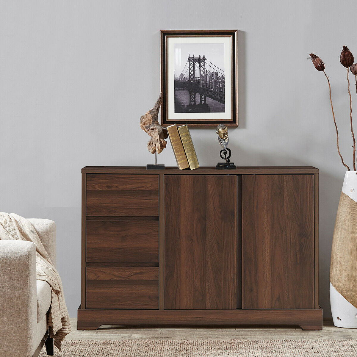 Mid Century Buffet Sideboard with Storage Cabinets and Three Drawers for Dining or Living Room