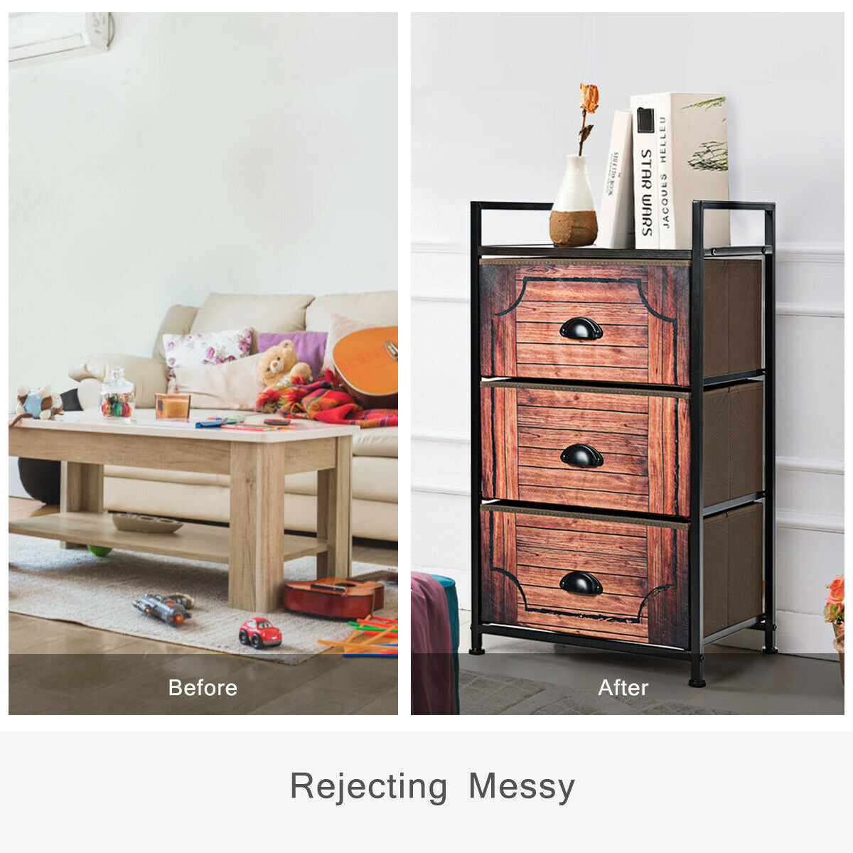3-Drawer Fabric Dresser with Steel Frame and Wood Top for Bedroom or Closet Storage