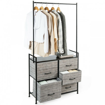 Modern 5-Drawer Fabric Dresser with Wood Top and Metal Frame – Closet Organizer with Hanging Rod