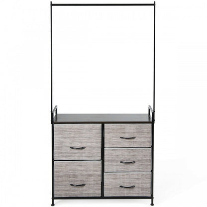 Modern 5-Drawer Fabric Dresser with Wood Top and Metal Frame – Closet Organizer with Hanging Rod