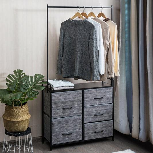 Modern 5-Drawer Fabric Dresser with Wood Top and Metal Frame – Closet Organizer with Hanging Rod