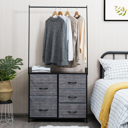 Modern 5-Drawer Fabric Dresser with Wood Top and Metal Frame – Closet Organizer with Hanging Rod