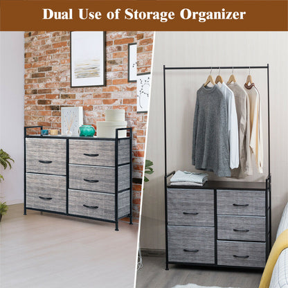 Modern 5-Drawer Fabric Dresser with Wood Top and Metal Frame – Closet Organizer with Hanging Rod