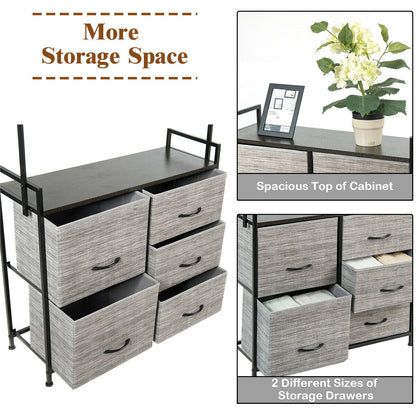 Modern 5-Drawer Fabric Dresser with Wood Top and Metal Frame – Closet Organizer with Hanging Rod