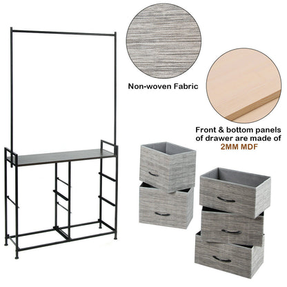 Modern 5-Drawer Fabric Dresser with Wood Top and Metal Frame – Closet Organizer with Hanging Rod