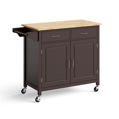 Rolling Kitchen Cart Island with Wooden Top, Modern Design and Storage - Brown