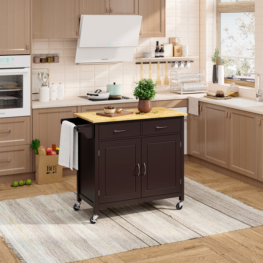 Rolling Kitchen Cart Island with Wooden Top, Modern Design and Storage - Brown