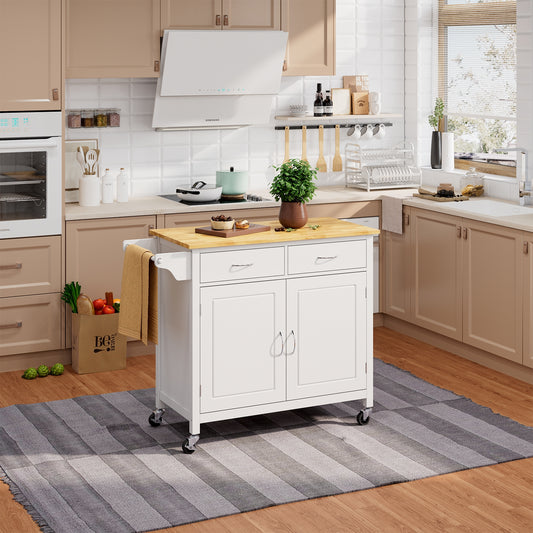 Rolling Kitchen Cart Island with Wooden Top, Modern Design and Storage - White
