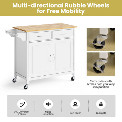 Rolling Kitchen Cart Island with Wooden Top, Modern Design and Storage - White