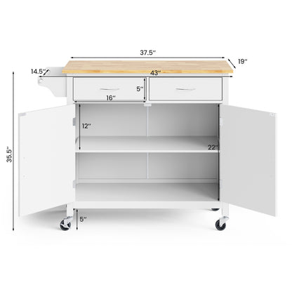 Rolling Kitchen Cart Island with Wooden Top, Modern Design and Storage - White