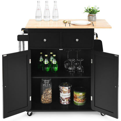 Rolling Kitchen Island Cart with Rubber Wood Countertop and Storage Drawers - Black