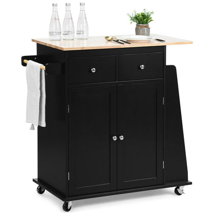 Rolling Kitchen Island Cart with Rubber Wood Countertop and Storage Drawers - Black