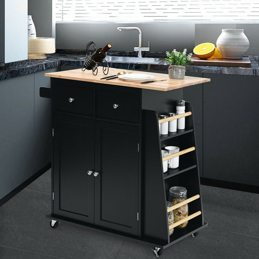 Rolling Kitchen Island Cart with Rubber Wood Countertop and Storage Drawers - Black