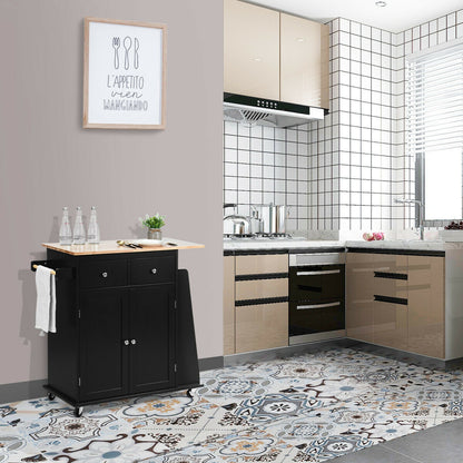 Rolling Kitchen Island Cart with Rubber Wood Countertop and Storage Drawers - Black