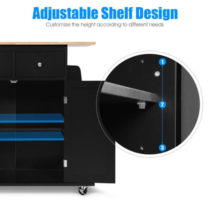 Rolling Kitchen Island Cart with Rubber Wood Countertop and Storage Drawers - Black