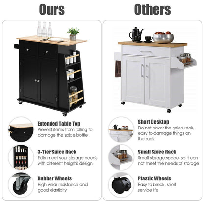 Rolling Kitchen Island Cart with Rubber Wood Countertop and Storage Drawers - Black