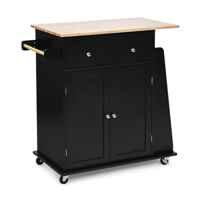 Rolling Kitchen Island Cart with Rubber Wood Countertop and Storage Drawers - Black