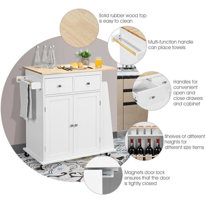 Rolling Kitchen Island Cart with Rubber Wood Countertop and Storage Drawers - White