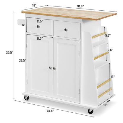 Rolling Kitchen Island Cart with Rubber Wood Countertop and Storage Drawers - White