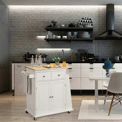 Rolling Kitchen Island Cart with Rubber Wood Countertop and Storage Drawers - White