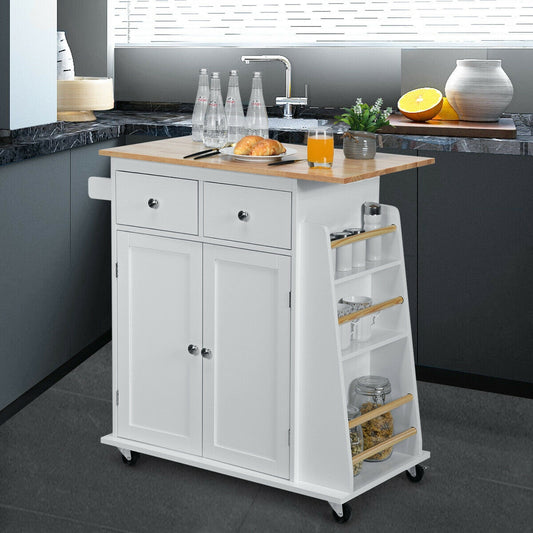 Rolling Kitchen Island Cart with Rubber Wood Countertop and Storage Drawers - White