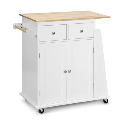 Rolling Kitchen Island Cart with Rubber Wood Countertop and Storage Drawers - White