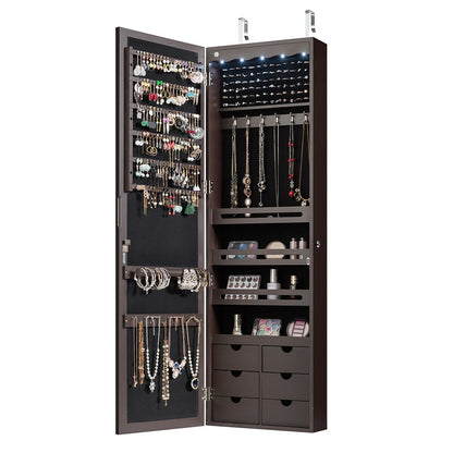 Wall Mounted Jewelry Armoire with Full Length Mirror, LED Lights, Lock and 6 Drawers – Coffee