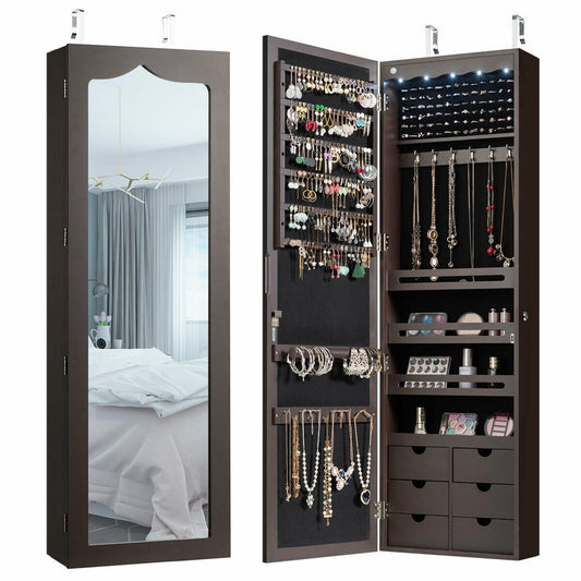Wall Mounted Jewelry Armoire with Full Length Mirror, LED Lights, Lock and 6 Drawers – Coffee