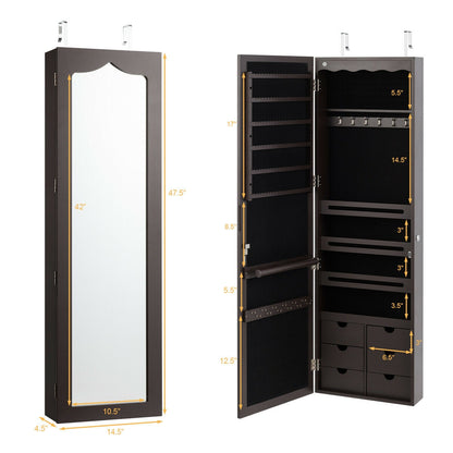 Wall Mounted Jewelry Armoire with Full Length Mirror, LED Lights, Lock and 6 Drawers – Coffee