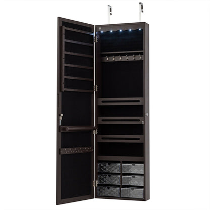 Wall or Door Mounted Mirrored Jewelry Armoire with Full-Length Mirror and 6 Drawers – Brown