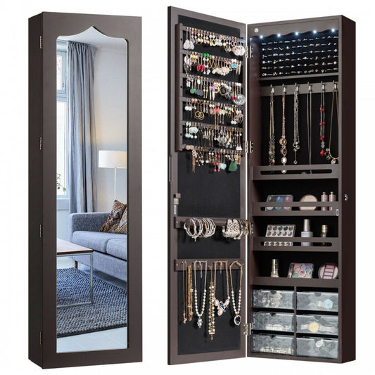 Wall or Door Mounted Mirrored Jewelry Armoire with Full-Length Mirror and 6 Drawers – Brown