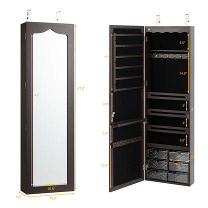 Wall or Door Mounted Mirrored Jewelry Armoire with Full-Length Mirror and 6 Drawers – Brown