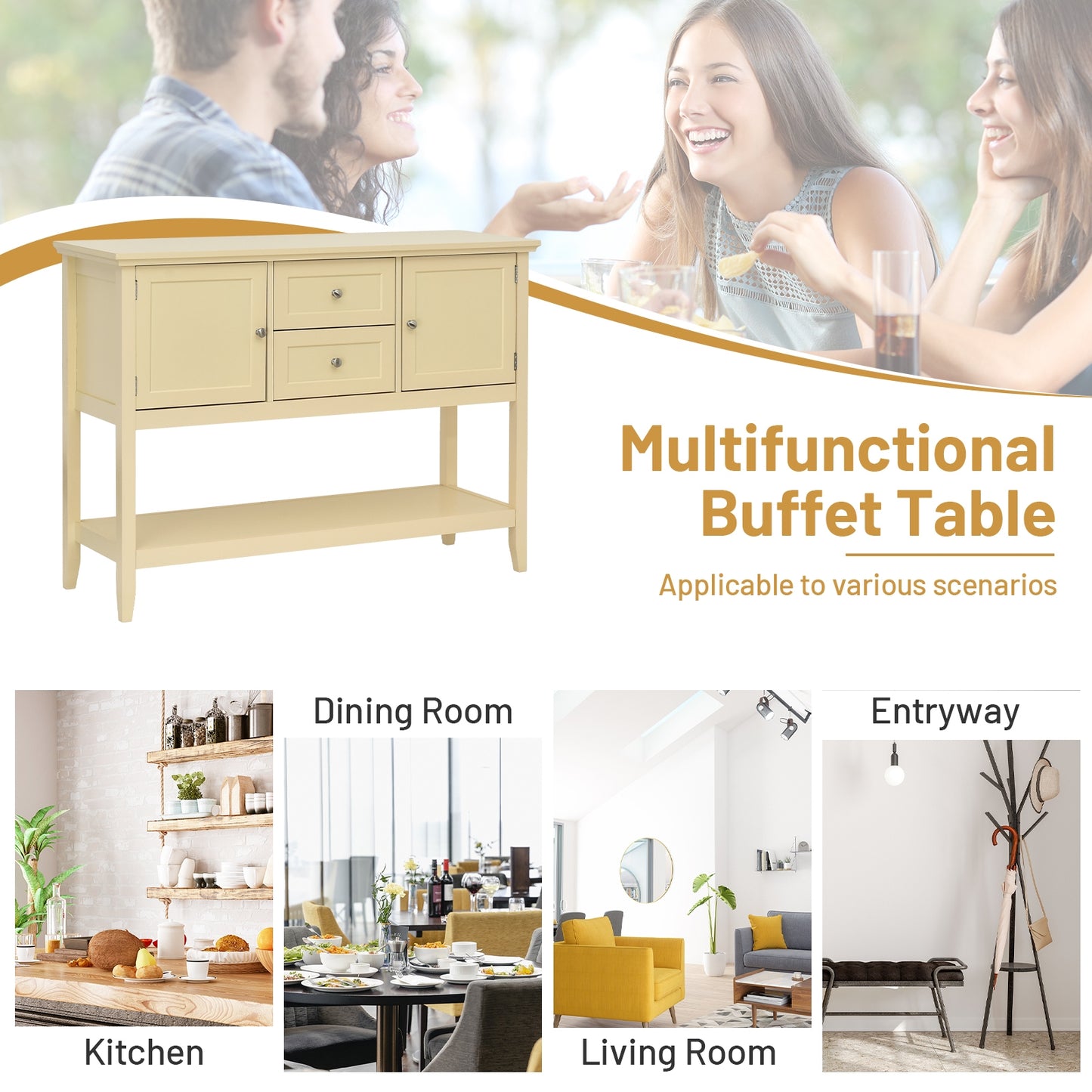 Modern Console Sideboard Table with Open Shelf and Drawers - Beige