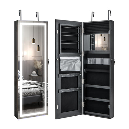 Jewelry Organizer Armoire with Full Length Mirror and Built In LED Lights Black