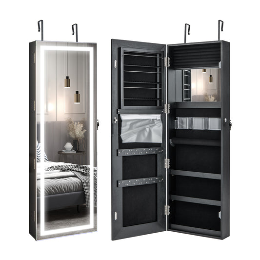 Jewelry Organizer Armoire with Full Length Mirror and Built In LED Lights Black