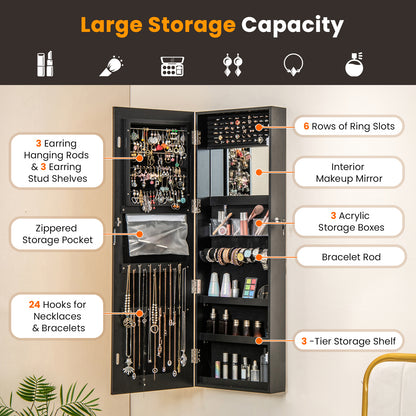 Jewelry Organizer Armoire with Full Length Mirror and Built In LED Lights Black