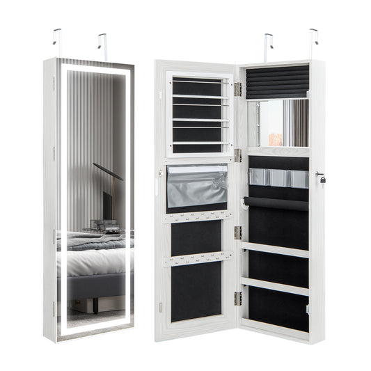 Jewelry Organizer Armoire with Full Length Mirror and Built In LED Lights White