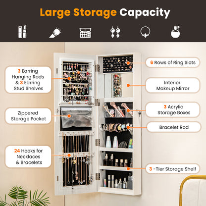 Jewelry Organizer Armoire with Full Length Mirror and Built In LED Lights White