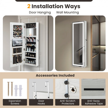 Jewelry Organizer Armoire with Full Length Mirror and Built In LED Lights White