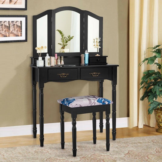 Classic Vanity Table Set with Tri-Fold Mirror, Cushioned Stool, and Storage Drawers – Black