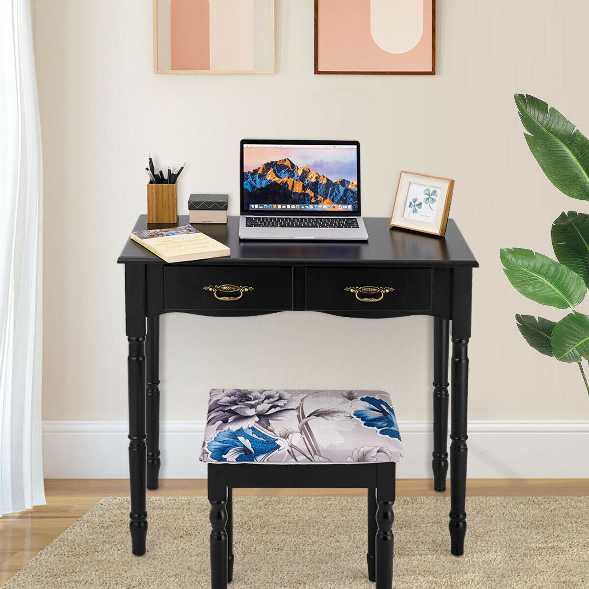 Classic Vanity Table Set with Tri-Fold Mirror, Cushioned Stool, and Storage Drawers – Black
