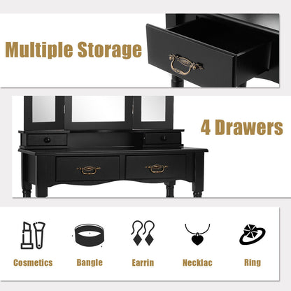 Classic Vanity Table Set with Tri-Fold Mirror, Cushioned Stool, and Storage Drawers – Black