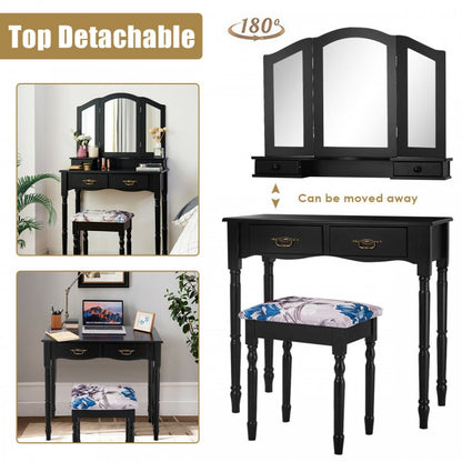 Classic Vanity Table Set with Tri-Fold Mirror, Cushioned Stool, and Storage Drawers – Black