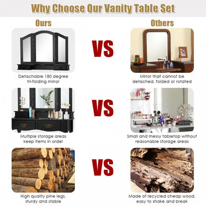 Classic Vanity Table Set with Tri-Fold Mirror, Cushioned Stool, and Storage Drawers – Black