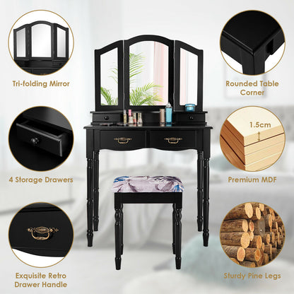 Classic Vanity Table Set with Tri-Fold Mirror, Cushioned Stool, and Storage Drawers – Black